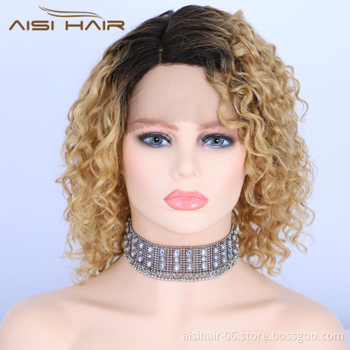 Aisi Hair Short Bob Ombre Blonde Curly Wave Swiss Lace Wigs Brazilian Hair For Black Women Lace Front Human Hair Wigs